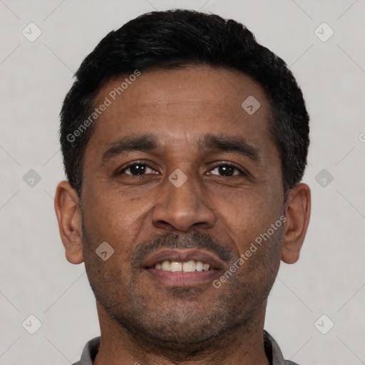 Neutral latino adult male with short  black hair and brown eyes