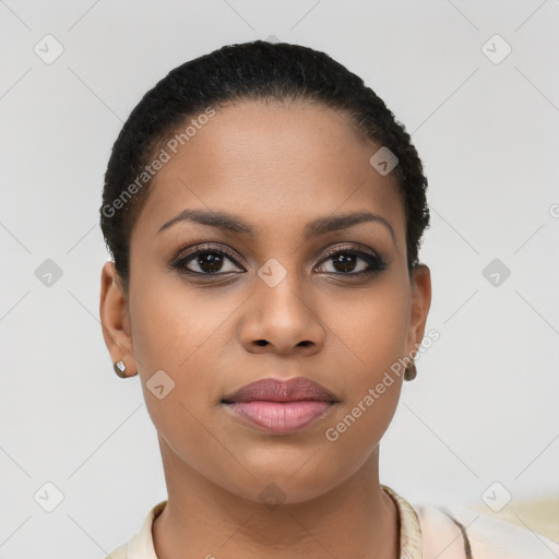 Joyful latino young-adult female with short  brown hair and brown eyes