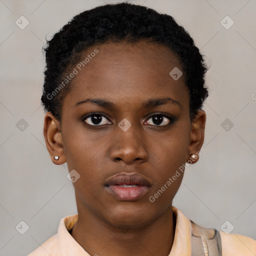 Neutral black young-adult female with short  black hair and brown eyes