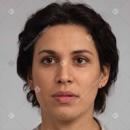 Neutral white young-adult female with medium  brown hair and brown eyes