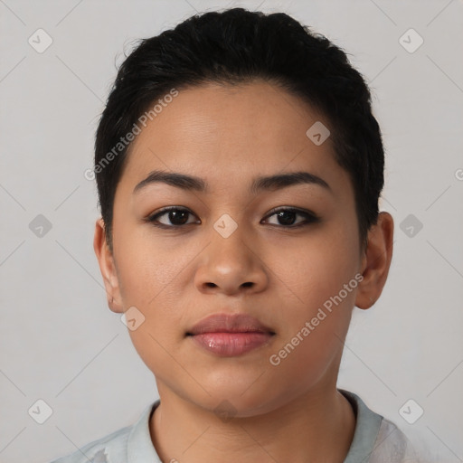 Neutral latino young-adult female with short  black hair and brown eyes