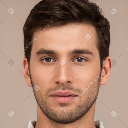 Neutral white young-adult male with short  brown hair and brown eyes