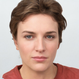 Neutral white young-adult female with short  brown hair and grey eyes