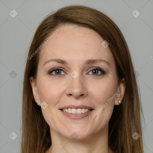 Joyful white young-adult female with long  brown hair and grey eyes