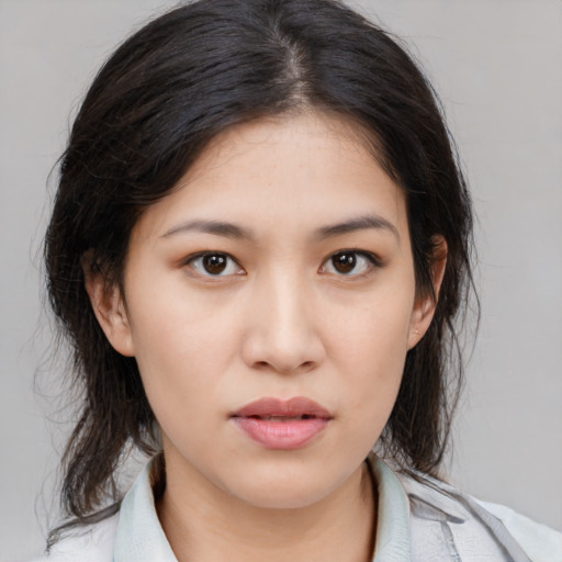 Neutral asian young-adult female with medium  brown hair and brown eyes
