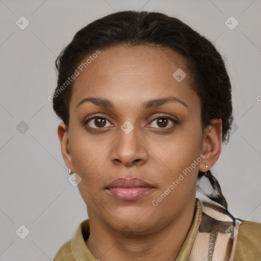 Neutral latino young-adult female with short  brown hair and brown eyes