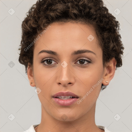 Neutral white young-adult female with short  brown hair and brown eyes