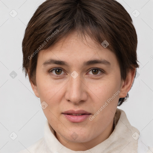 Joyful white young-adult female with short  brown hair and brown eyes