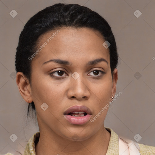 Joyful latino young-adult female with medium  black hair and brown eyes