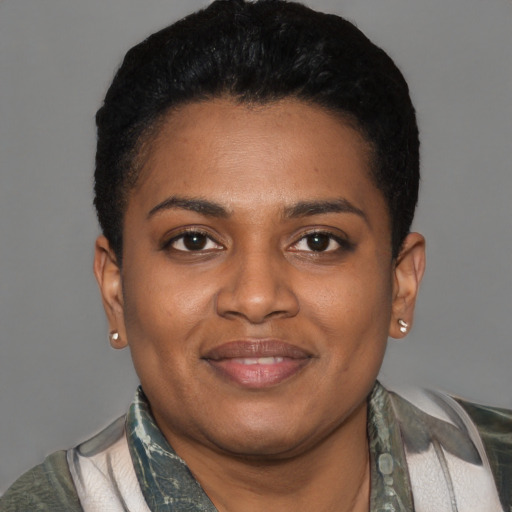 Joyful black young-adult female with short  black hair and brown eyes