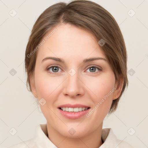 Joyful white young-adult female with medium  brown hair and green eyes