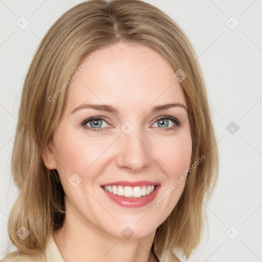 Joyful white young-adult female with medium  brown hair and green eyes