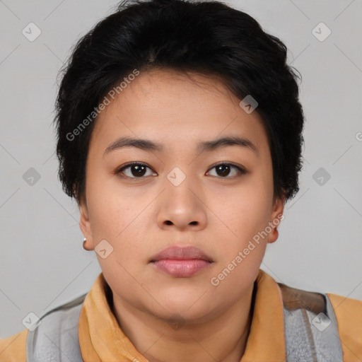 Neutral asian young-adult female with short  black hair and brown eyes