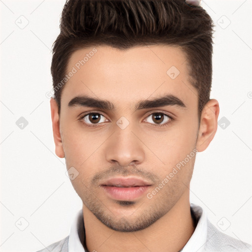 Neutral white young-adult male with short  brown hair and brown eyes