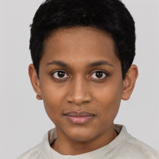 Neutral black young-adult female with short  black hair and brown eyes
