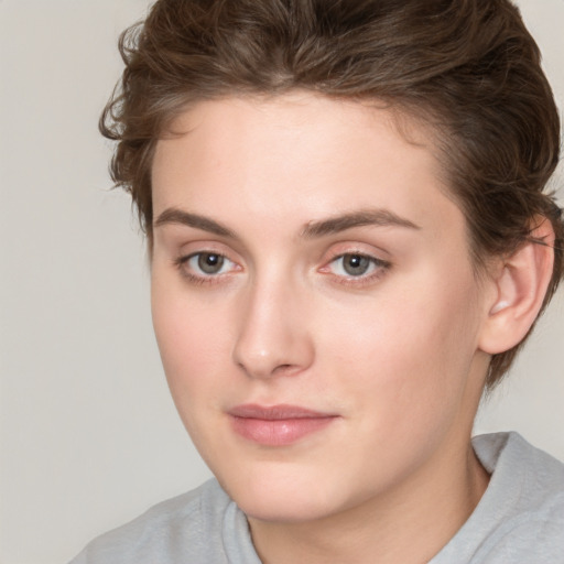 Neutral white young-adult female with short  brown hair and brown eyes