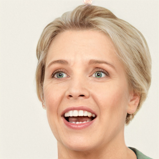 Joyful white adult female with medium  brown hair and blue eyes