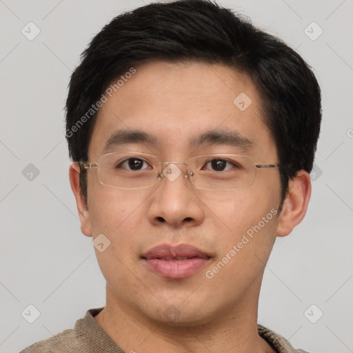 Neutral asian young-adult male with short  brown hair and brown eyes