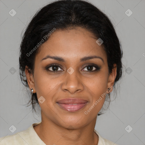 Joyful black young-adult female with medium  brown hair and brown eyes