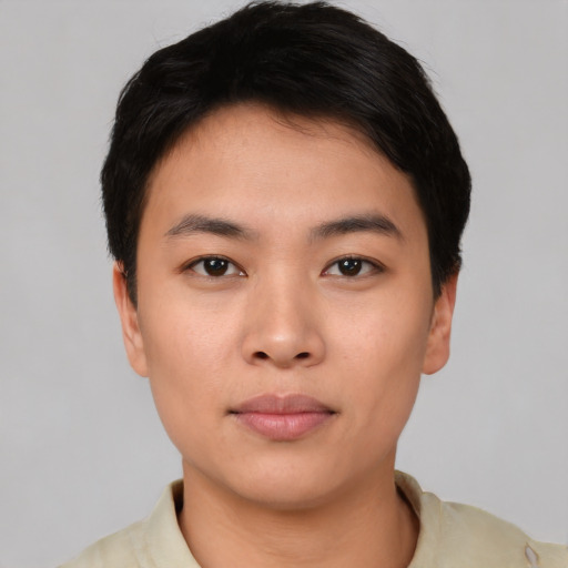 Neutral asian young-adult female with short  black hair and brown eyes