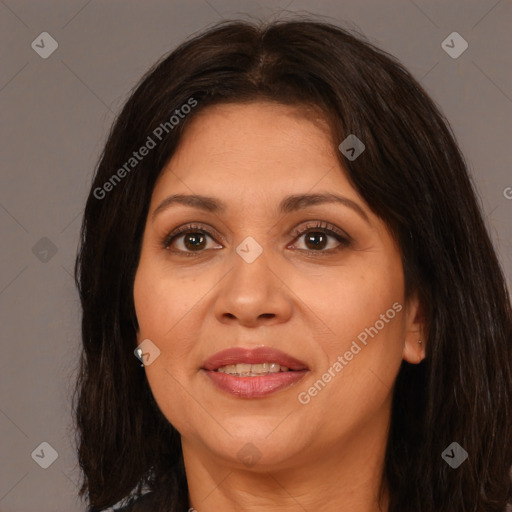 Joyful white adult female with medium  brown hair and brown eyes