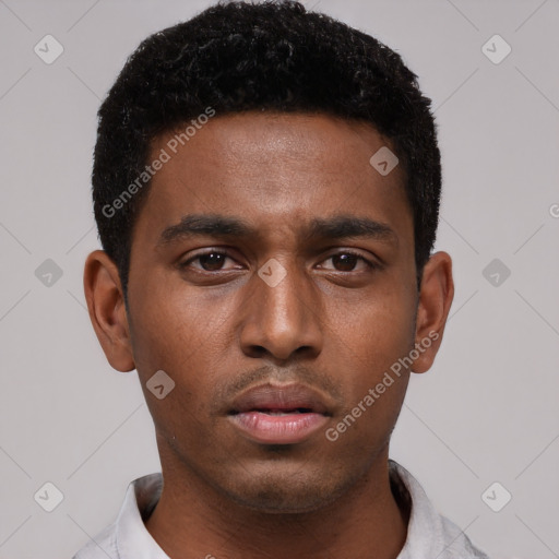 Neutral black young-adult male with short  black hair and brown eyes