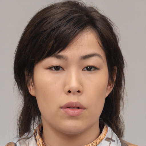 Neutral asian young-adult female with medium  brown hair and brown eyes