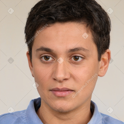 Neutral white young-adult male with short  brown hair and brown eyes