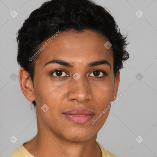 Joyful latino young-adult female with short  brown hair and brown eyes