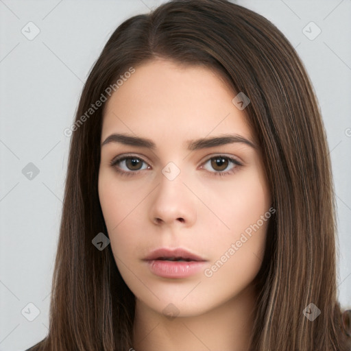 Neutral white young-adult female with long  brown hair and brown eyes