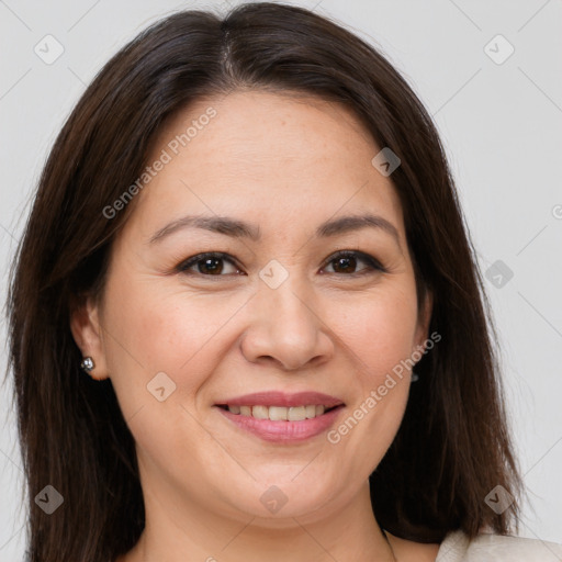 Joyful white adult female with medium  brown hair and brown eyes