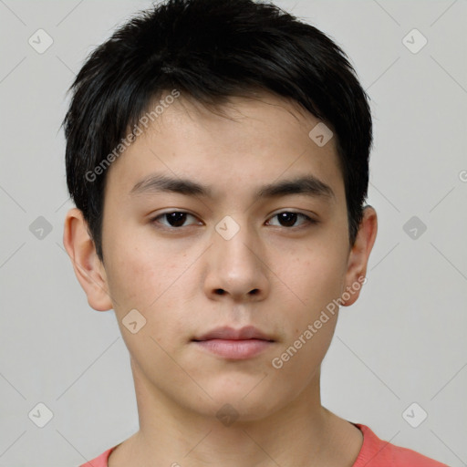 Neutral asian young-adult male with short  black hair and brown eyes