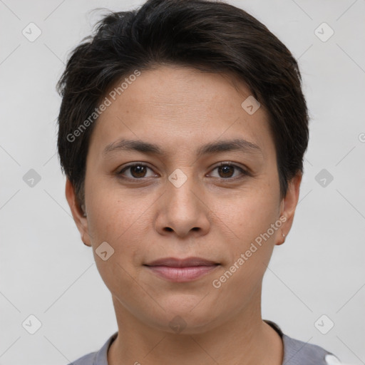 Joyful white young-adult female with short  brown hair and brown eyes