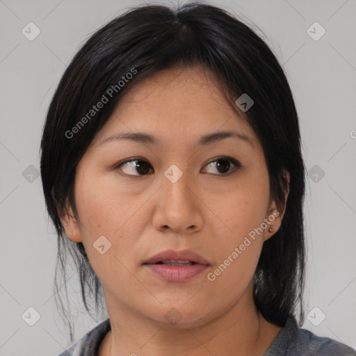 Neutral asian young-adult female with medium  brown hair and brown eyes