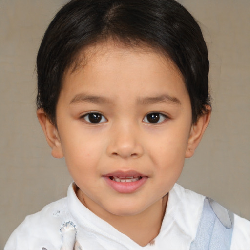 Joyful asian child female with short  brown hair and brown eyes