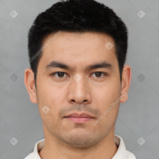 Neutral asian young-adult male with short  black hair and brown eyes