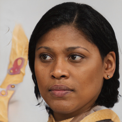 Neutral black young-adult female with medium  black hair and brown eyes