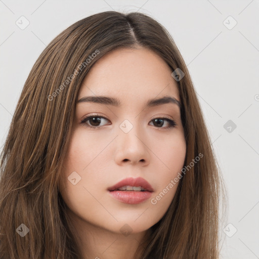 Neutral white young-adult female with long  brown hair and brown eyes