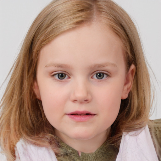 Neutral white child female with medium  brown hair and blue eyes