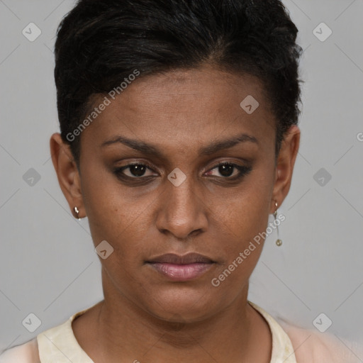 Neutral black young-adult female with short  brown hair and brown eyes