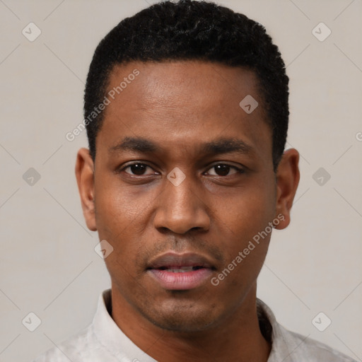 Neutral latino young-adult male with short  black hair and brown eyes