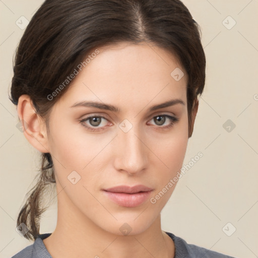 Neutral white young-adult female with medium  brown hair and brown eyes