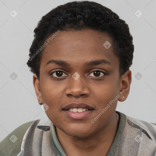 Joyful black young-adult female with short  brown hair and brown eyes