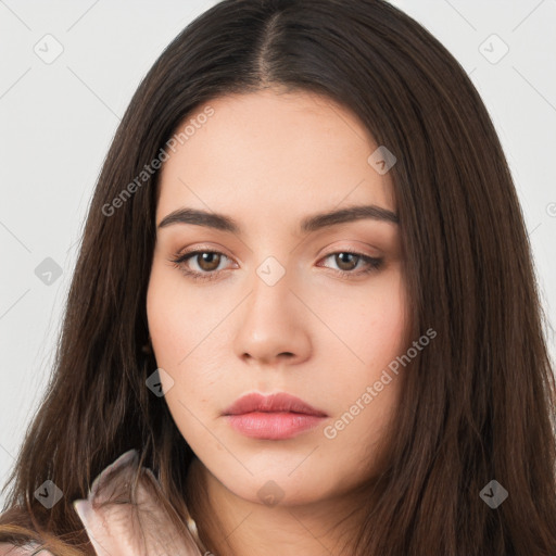 Neutral white young-adult female with long  brown hair and brown eyes