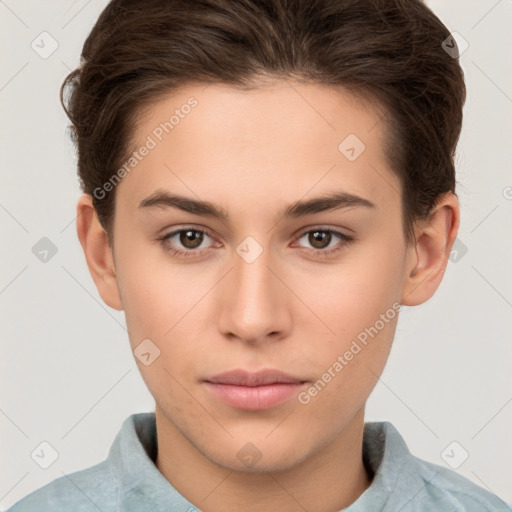 Neutral white young-adult female with short  brown hair and brown eyes