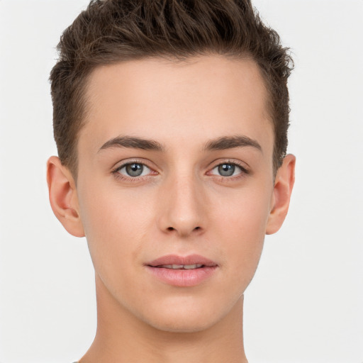 Neutral white young-adult male with short  brown hair and brown eyes