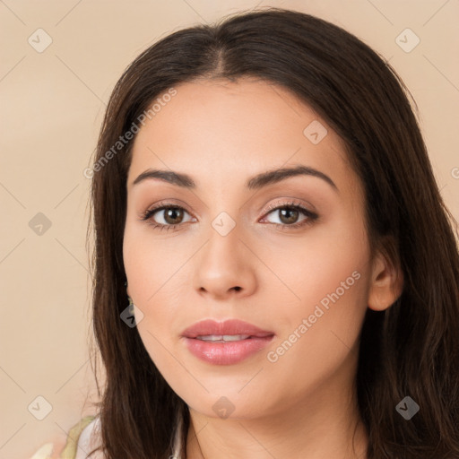 Neutral white young-adult female with long  brown hair and brown eyes