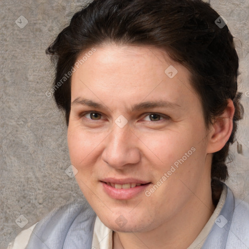 Joyful white adult female with short  brown hair and brown eyes