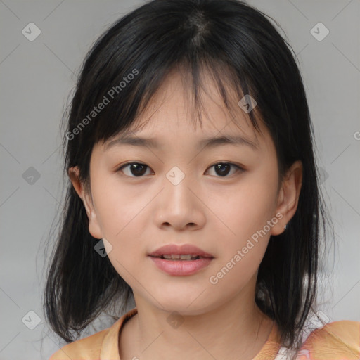 Neutral asian young-adult female with medium  brown hair and brown eyes