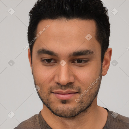 Joyful asian young-adult male with short  brown hair and brown eyes